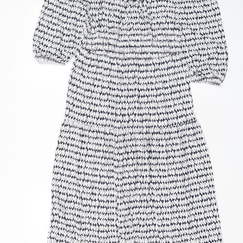 Marks and Spencer Womens White Geometric Viscose A-Line Size 10 Square Neck Pullover