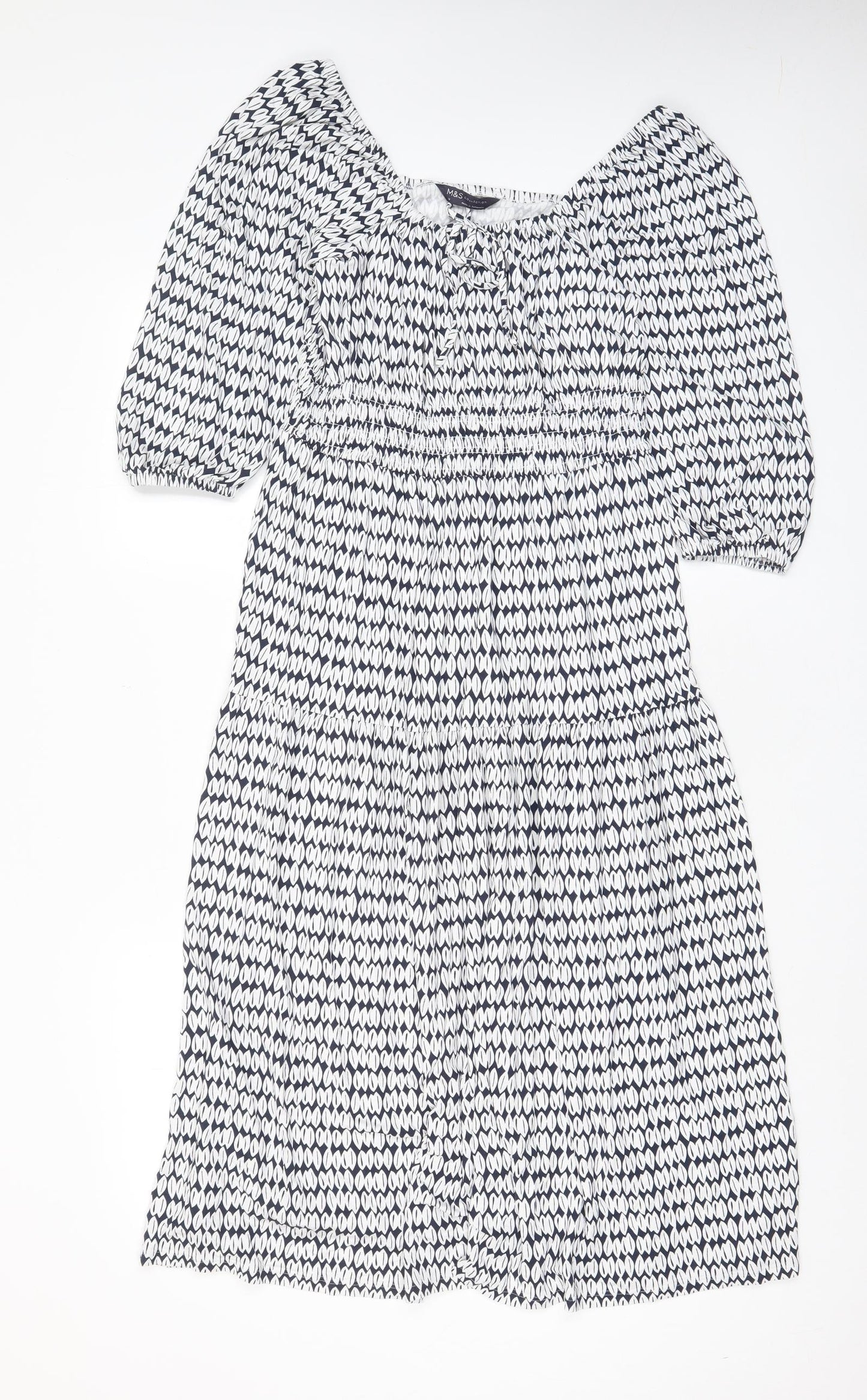 Marks and Spencer Womens White Geometric Viscose A-Line Size 10 Square Neck Pullover