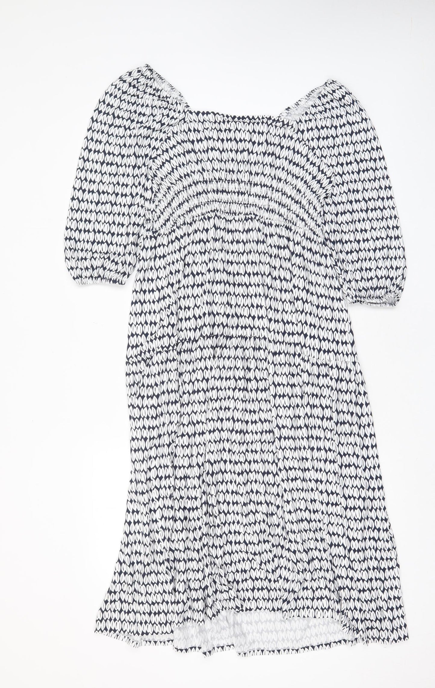 Marks and Spencer Womens White Geometric Viscose A-Line Size 10 Square Neck Pullover