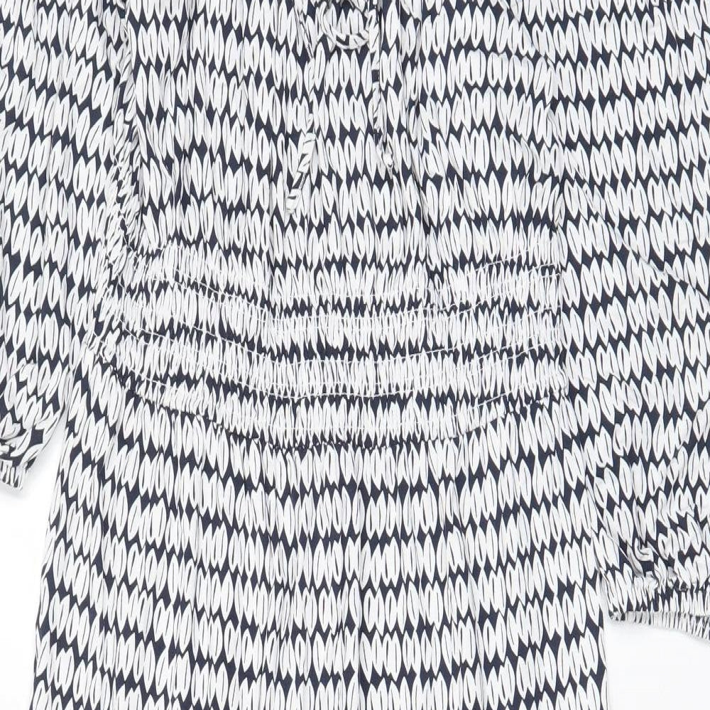 Marks and Spencer Womens White Geometric Viscose A-Line Size 10 Square Neck Pullover