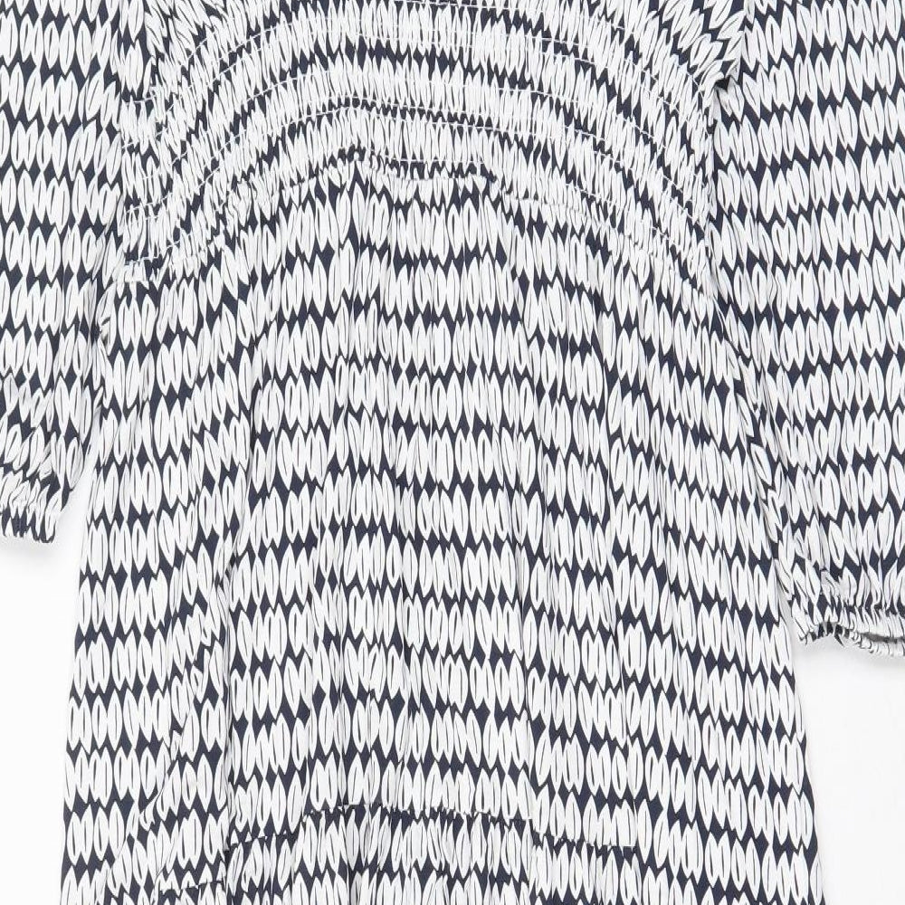 Marks and Spencer Womens White Geometric Viscose A-Line Size 10 Square Neck Pullover
