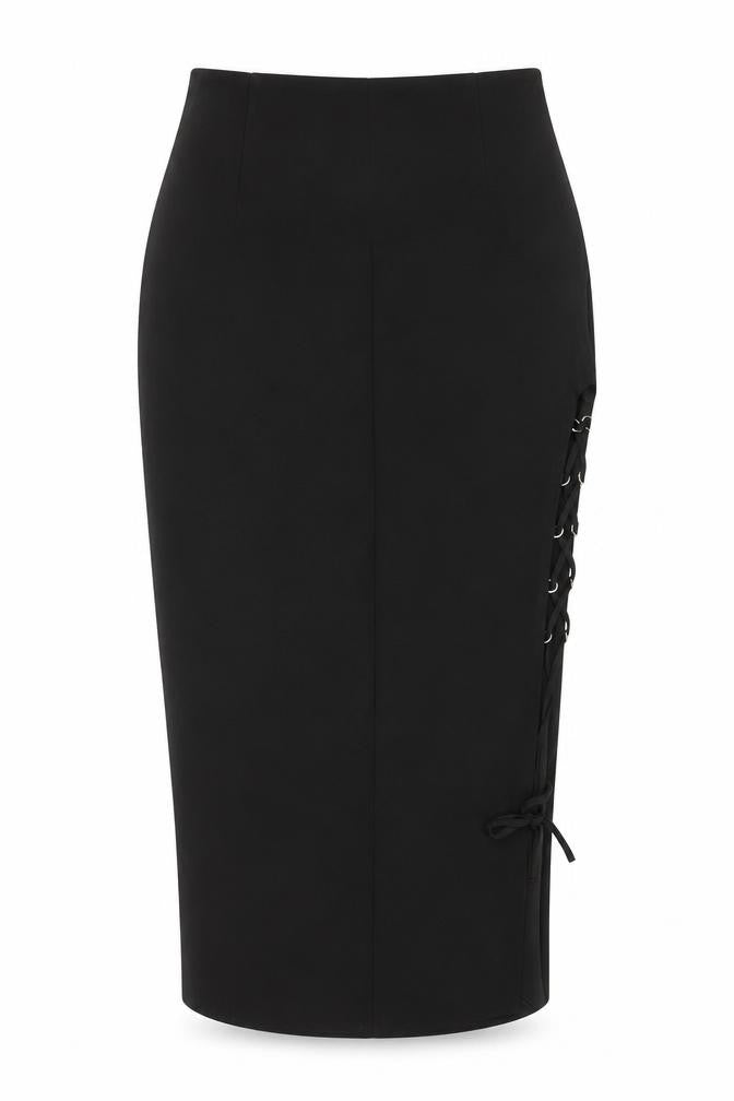 Front view of Zara women’s black polyester straight & pencil skirt, size S, zip - side cut out