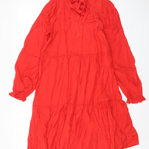 Marks and Spencer Womens Red Geometric Viscose A-Line Size 8 Crew Neck Pullover - Keyhole neck, Pleated