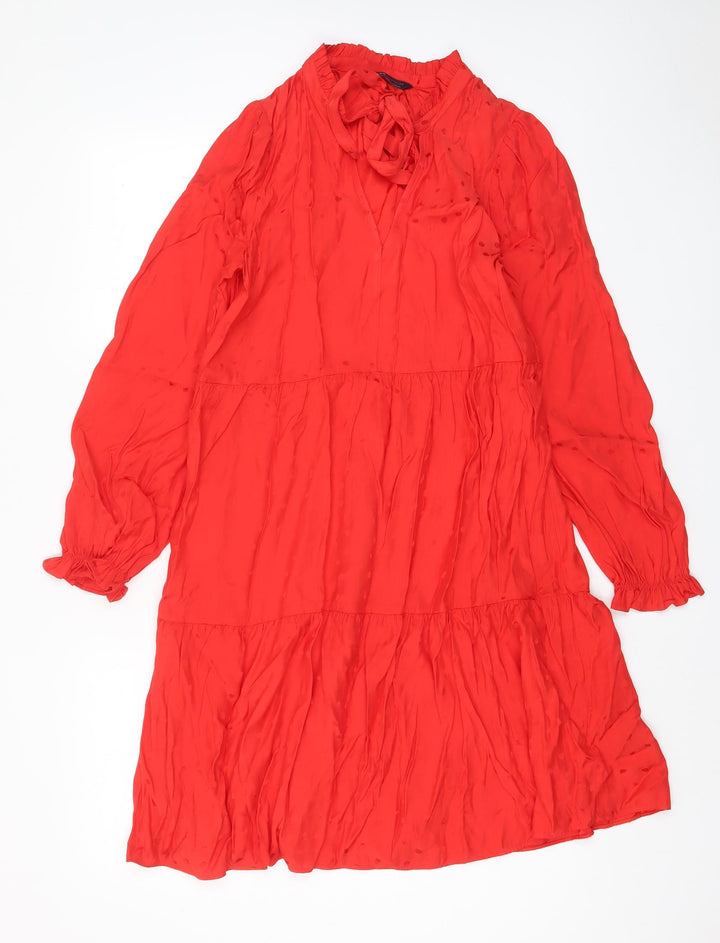 Marks and Spencer Womens Red Geometric Viscose A-Line Size 8 Crew Neck Pullover - Keyhole neck, Pleated