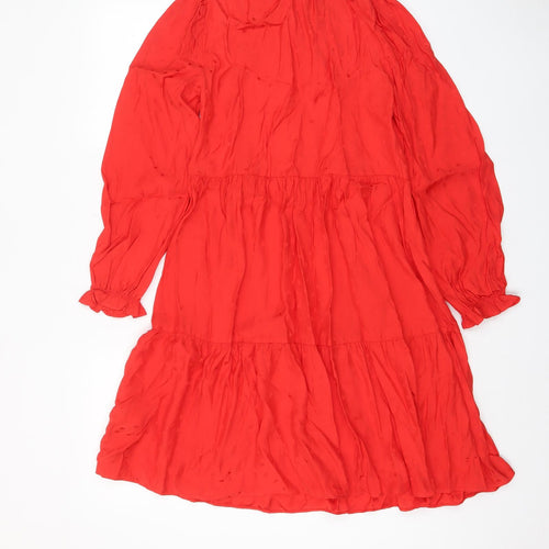 Marks and Spencer Womens Red Geometric Viscose A-Line Size 8 Crew Neck Pullover - Keyhole neck, Pleated