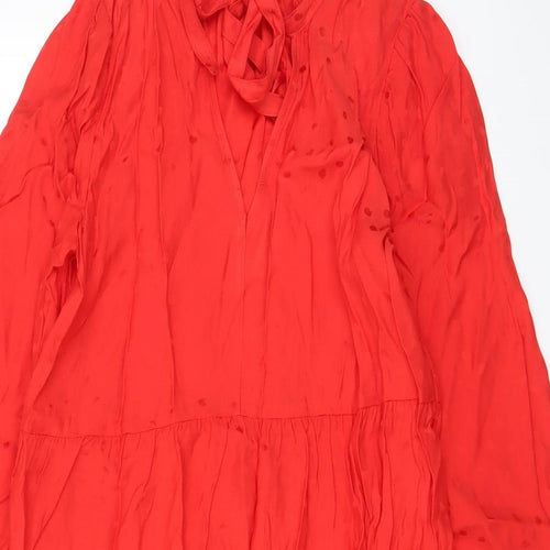 Marks and Spencer Womens Red Geometric Viscose A-Line Size 8 Crew Neck Pullover - Keyhole neck, Pleated