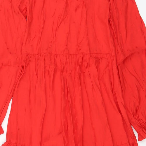 Marks and Spencer Womens Red Geometric Viscose A-Line Size 8 Crew Neck Pullover - Keyhole neck, Pleated