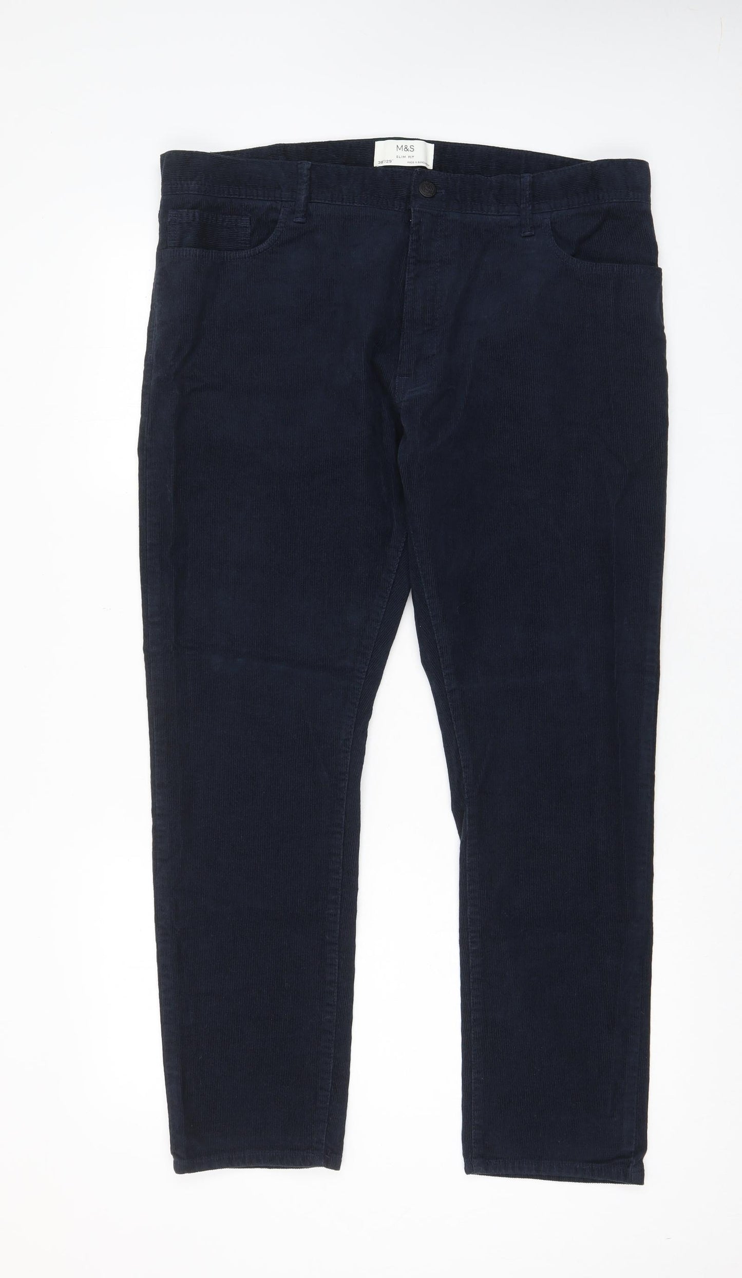 Marks and Spencer Mens Blue Cotton Trousers Size 38 in L29 in Slim Zip - Short Leg, Pockets