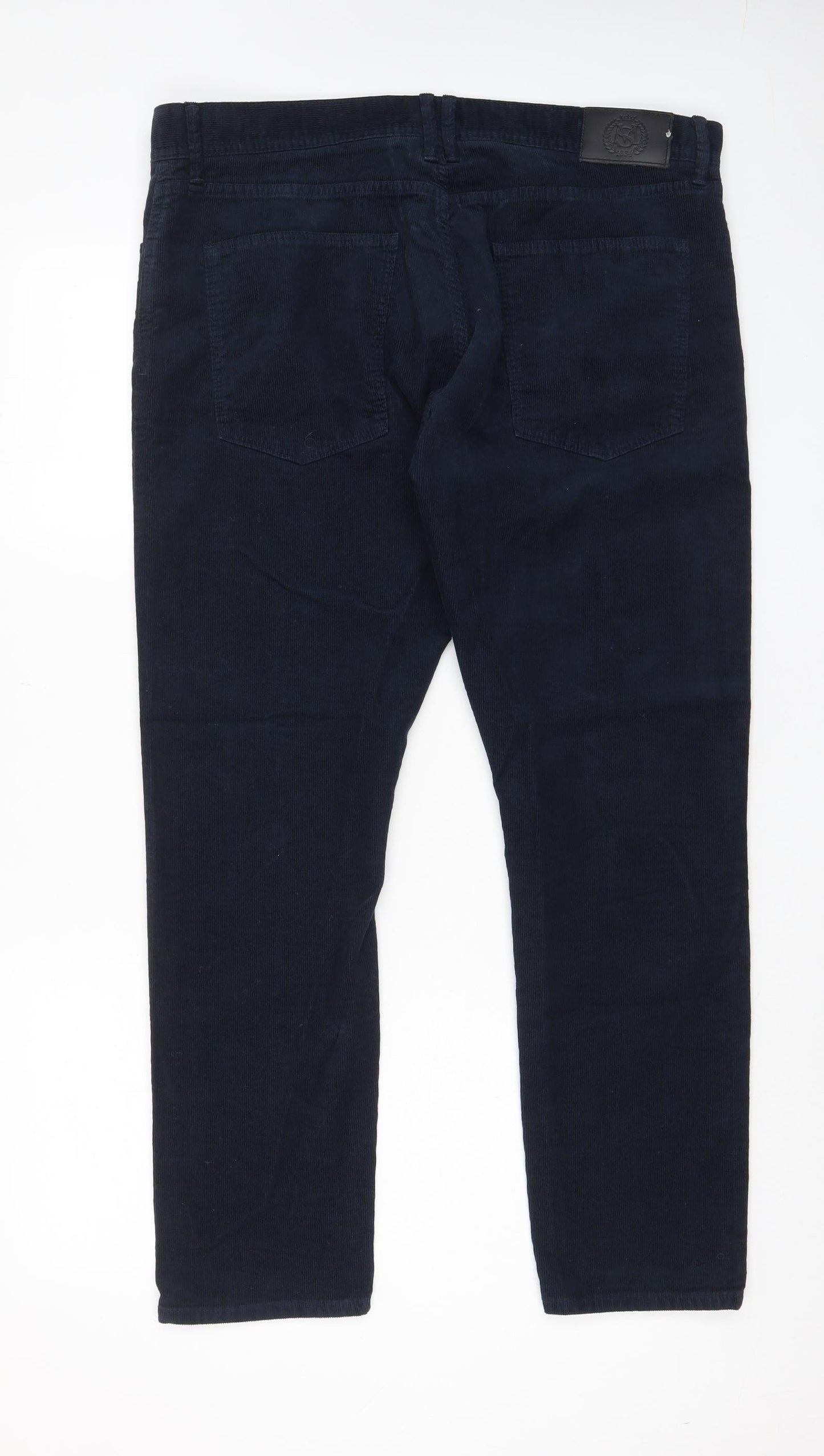 Marks and Spencer Mens Blue Cotton Trousers Size 38 in L29 in Slim Zip - Short Leg, Pockets