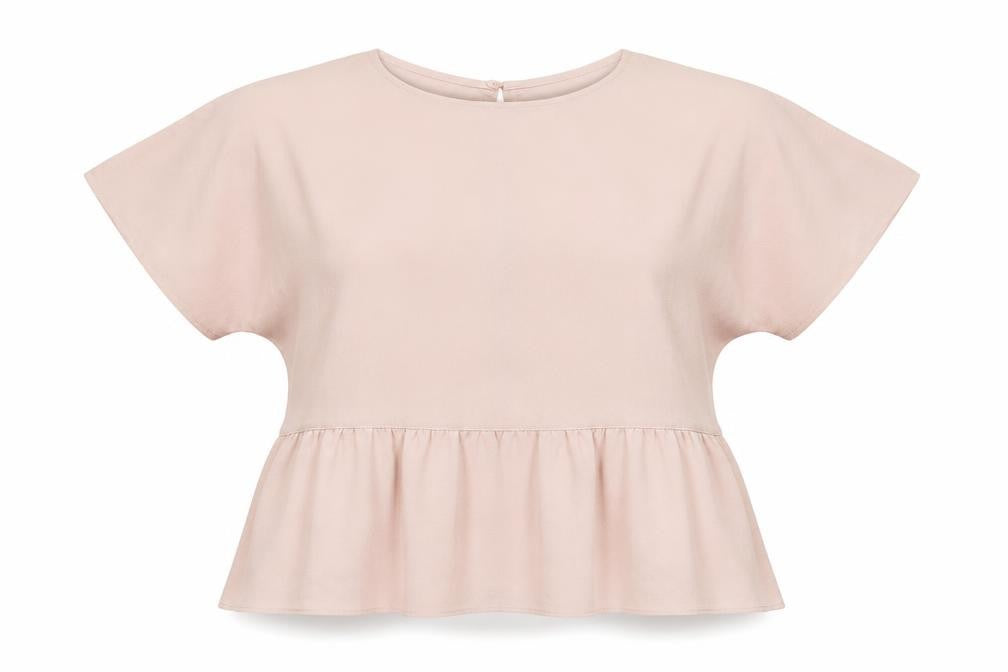 Front view of New Look women’s pink polyester basic t-shirt, size UK 8, crew neck - pleated
