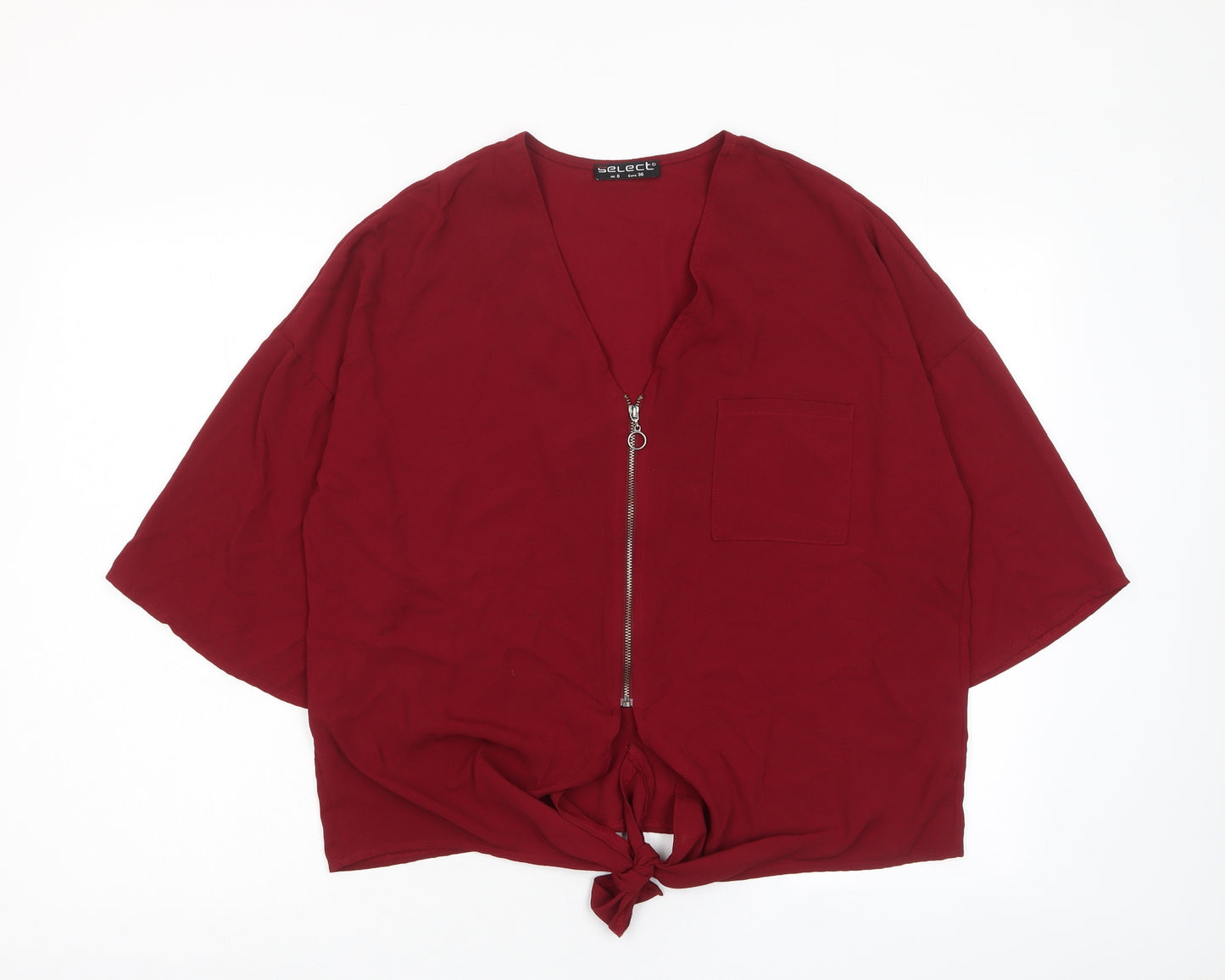 Select Womens Red Polyester Basic Blouse Size 8 V-Neck - Pocket