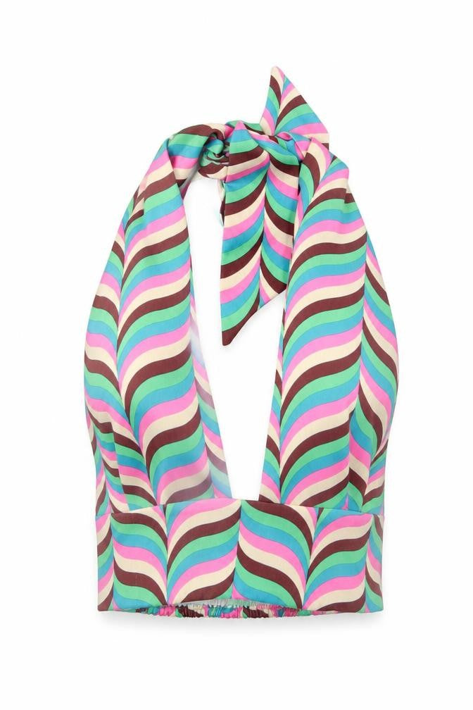 Front view of Zara women’s multicoloured striped polyester cropped tank, size XS, halter