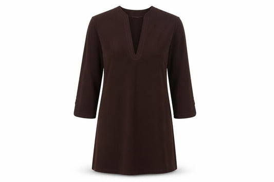 Front view of Next women’s brown polyester a-line, size UK 12, v-neck pullover - embroidered