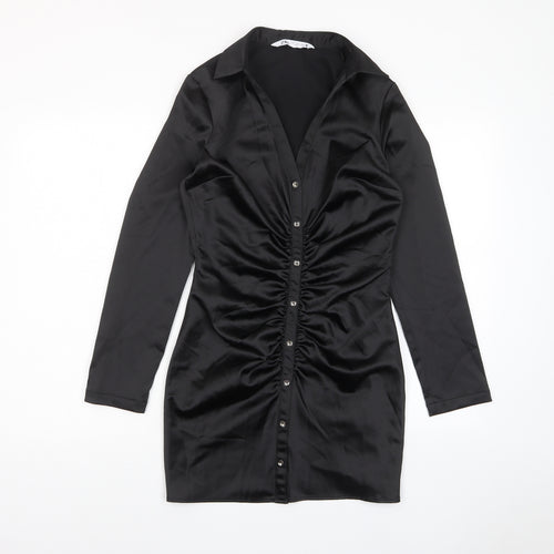 Zara Womens Black Polyester Shirt Dress Size S Collared Zip - Ruched, Buttons
