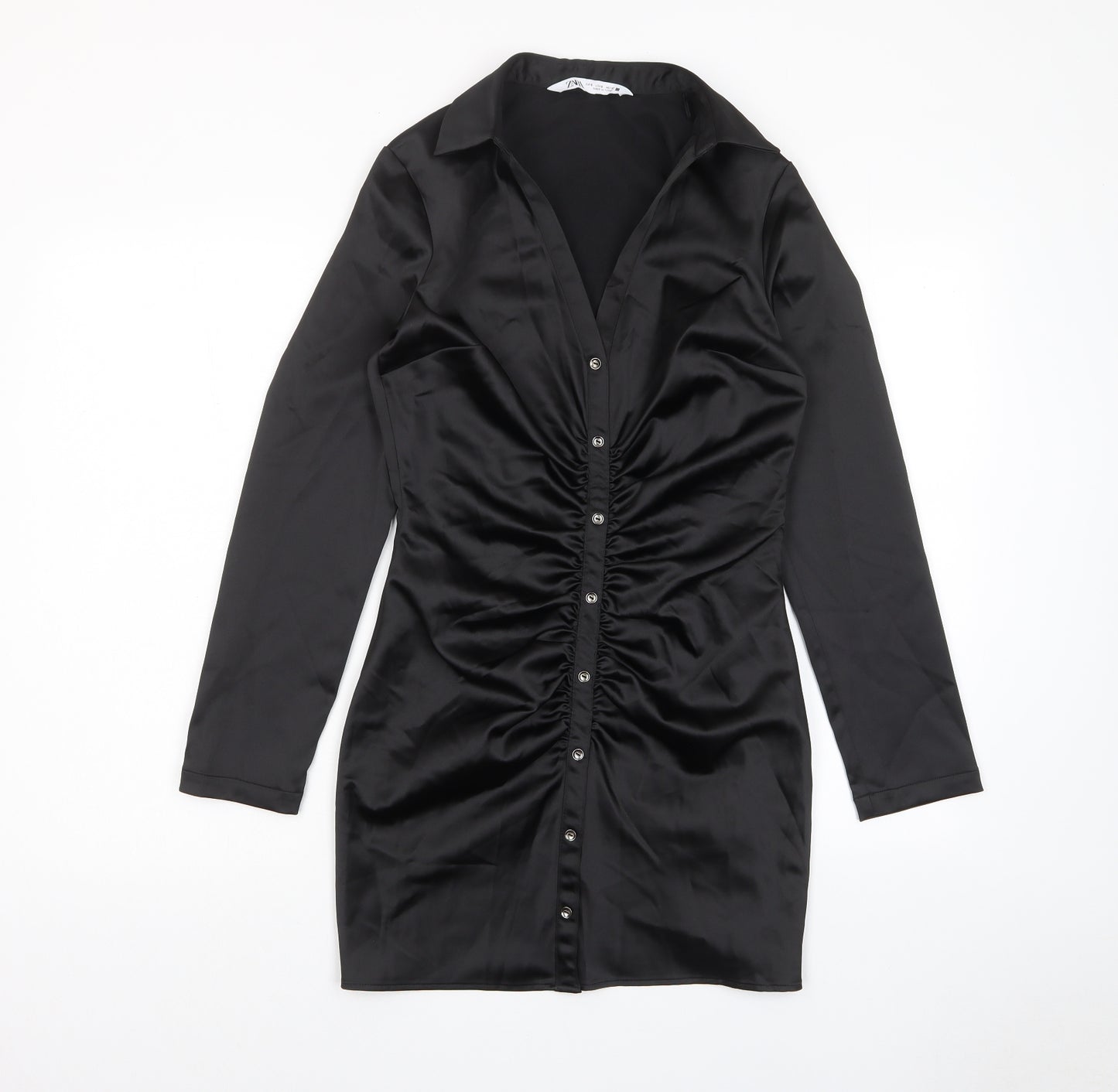 Zara Womens Black Polyester Shirt Dress Size S Collared Zip - Ruched, Buttons