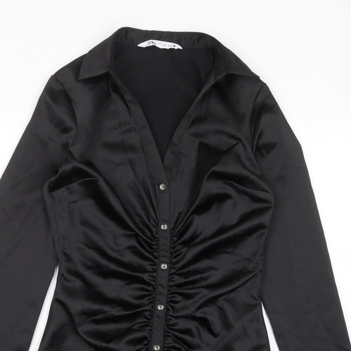 Zara Womens Black Polyester Shirt Dress Size S Collared Zip - Ruched, Buttons