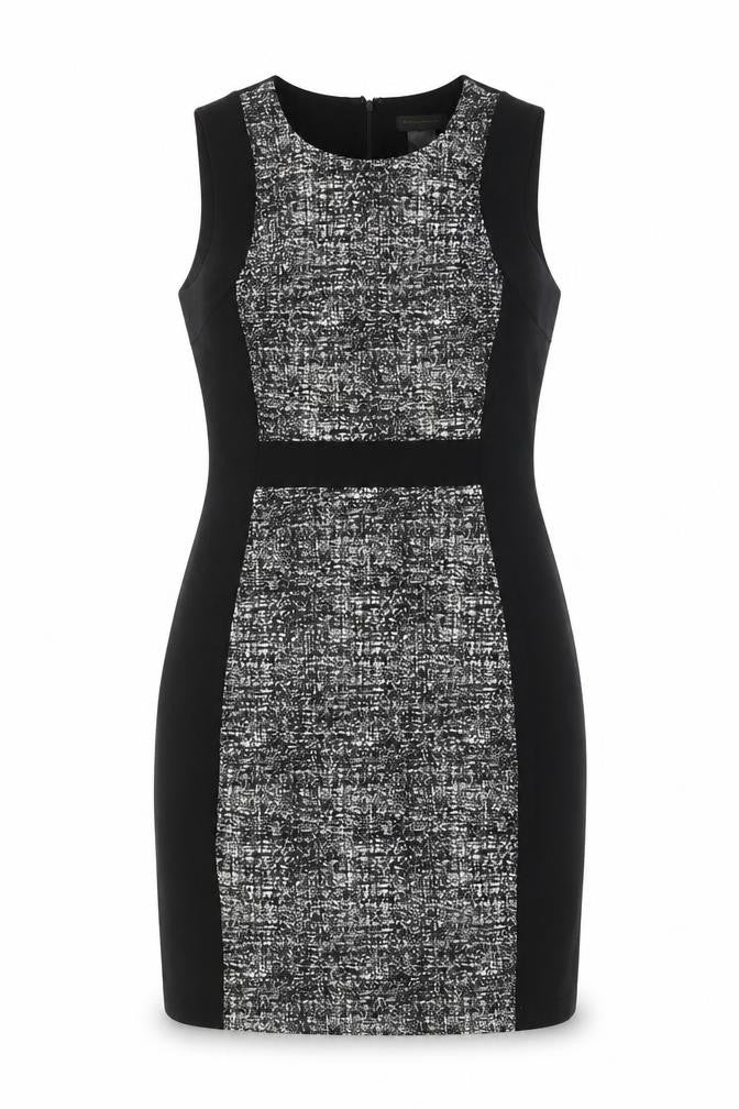 Front view of DKNY women’s black polyester pencil dress, size UK 12, crew neck zip