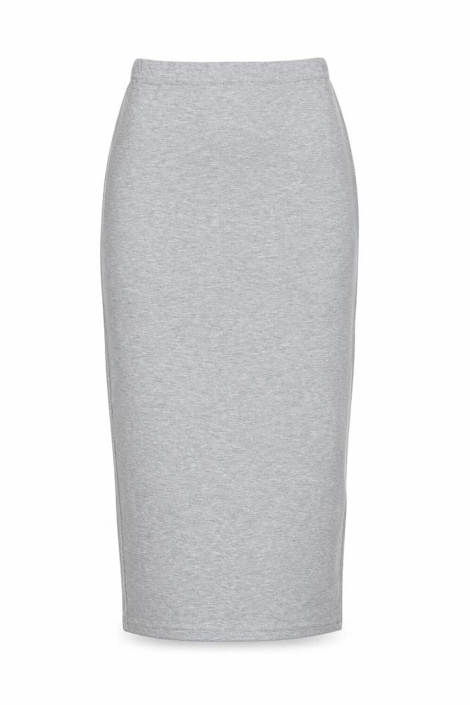 Front view of PRETTYLITTLETHING women’s grey viscose bandage skirt, size UK 8