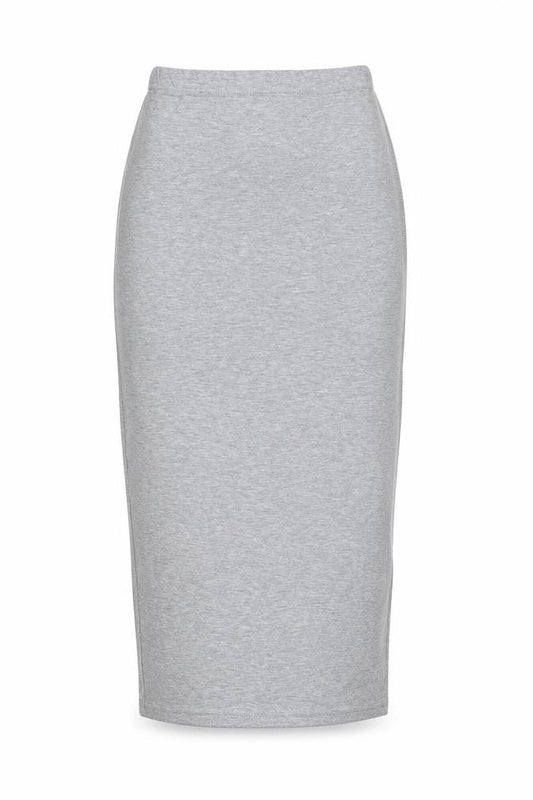 Front view of PRETTYLITTLETHING women’s grey viscose bandage skirt, size UK 8