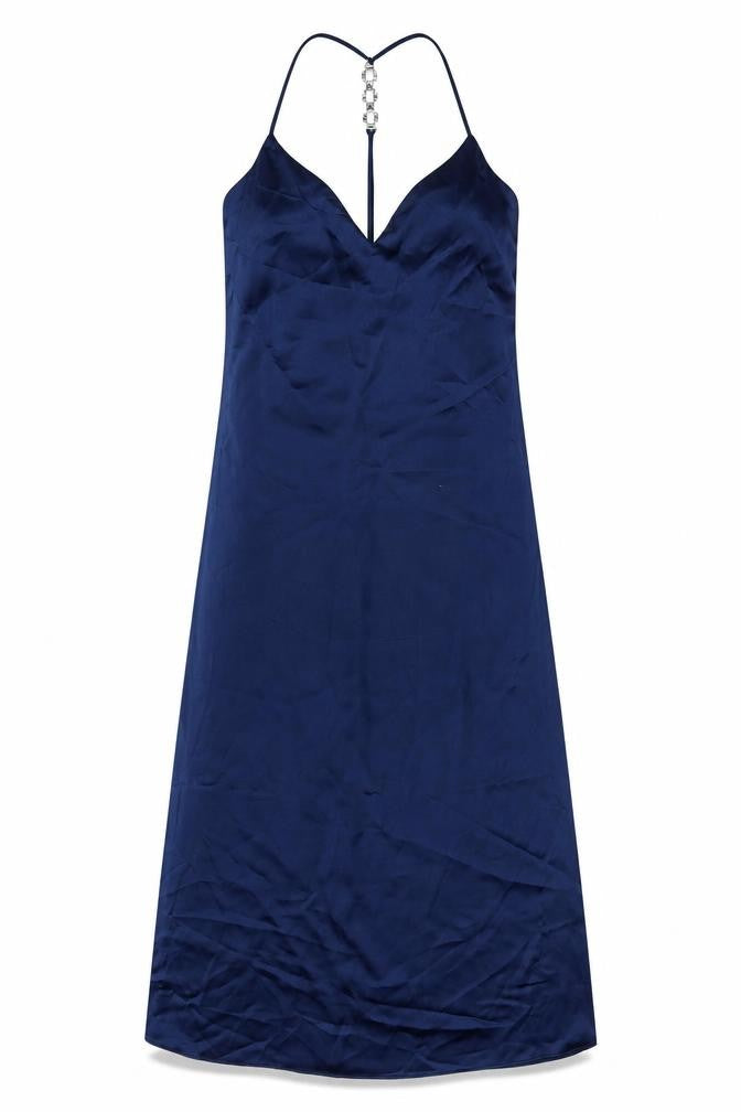 Front view of Zara women’s blue polyester a-line, size S, halter pullover