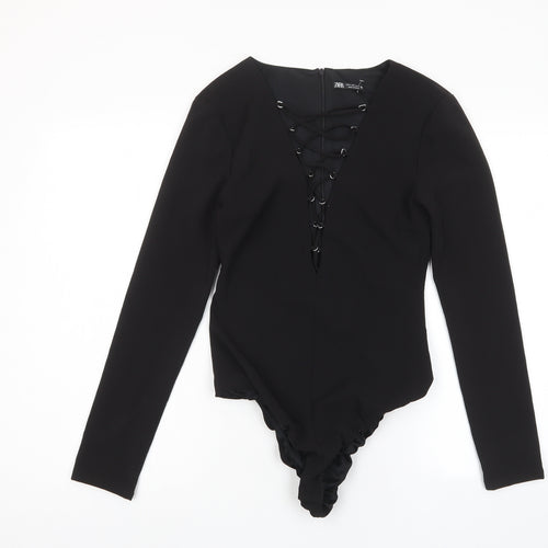 Zara Womens Black Polyester Bodysuit One-Piece Size S Zip - Cross neckline