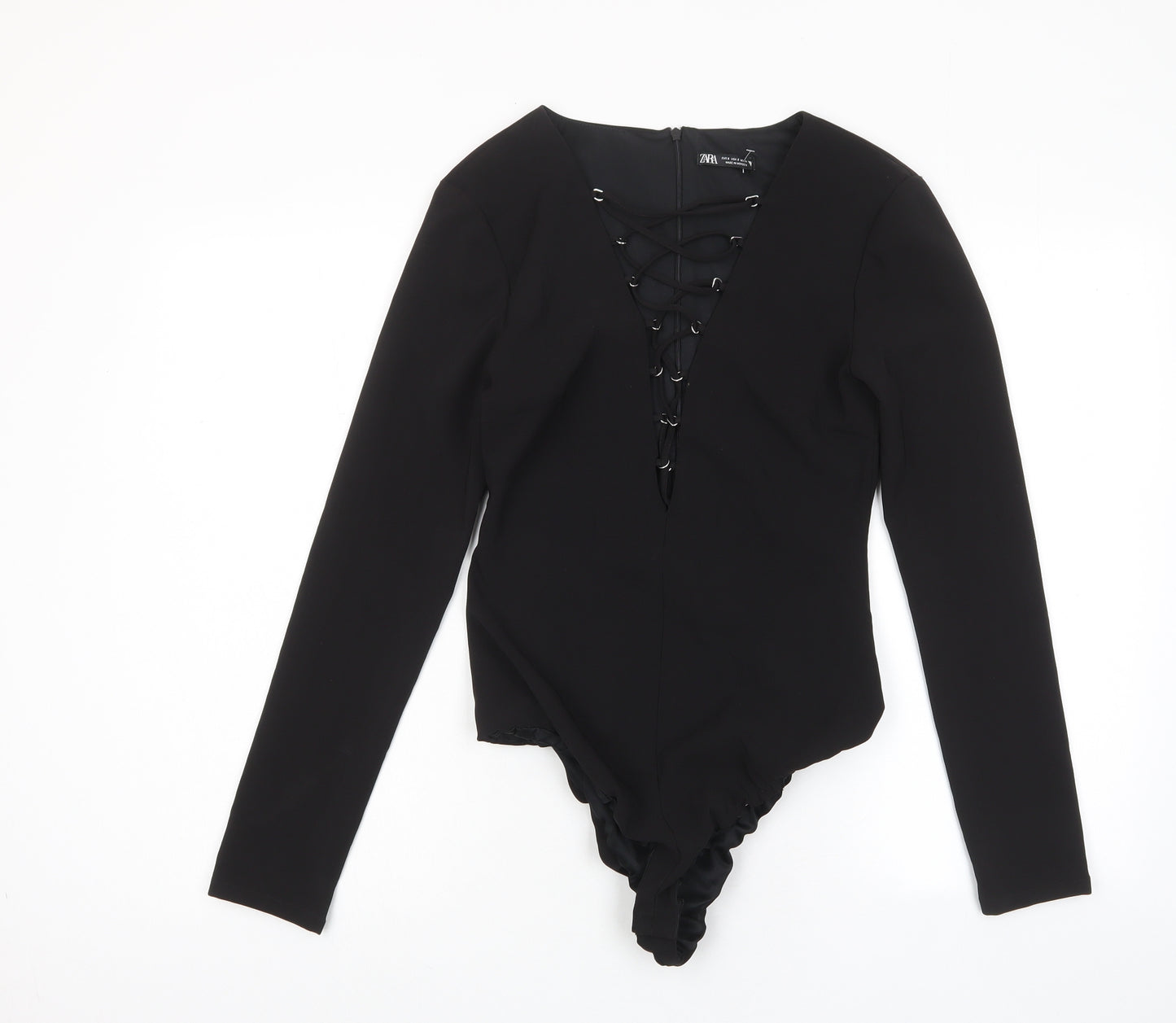 Zara Womens Black Polyester Bodysuit One-Piece Size S Zip - Cross neckline