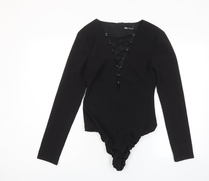 Zara Womens Black Polyester Bodysuit One-Piece Size S Zip - Cross neckline