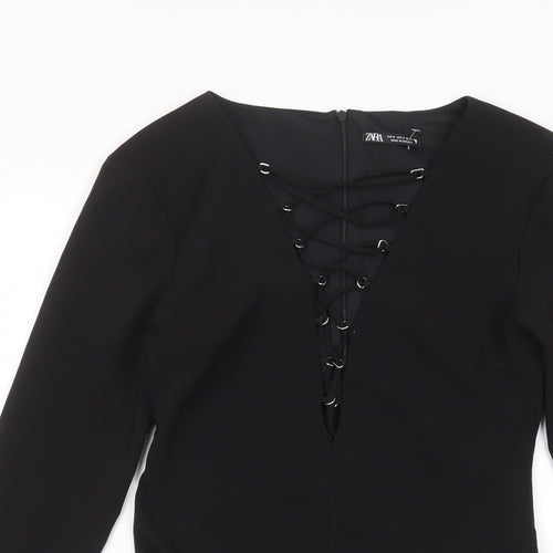 Zara Womens Black Polyester Bodysuit One-Piece Size S Zip - Cross neckline