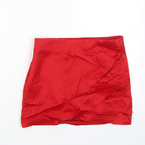 Zara Womens Red Polyester Wrap Skirt Size S Zip - Pleated