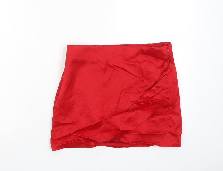 Zara Womens Red Polyester Wrap Skirt Size S Zip - Pleated