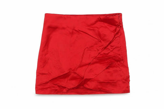 Front view of Zara women’s red polyester wrap skirt, size S, zip - pleated
