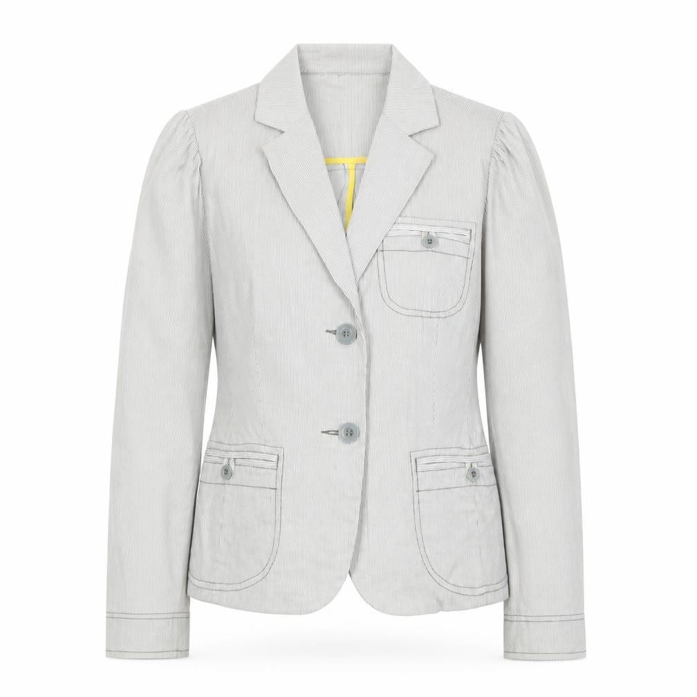 Front view of Next women’s grey striped biker jacket, size UK 12, button - pockets, pleated