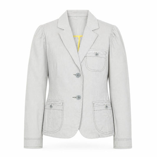 Front view of Next women’s grey striped biker jacket, size UK 12, button - pockets, pleated
