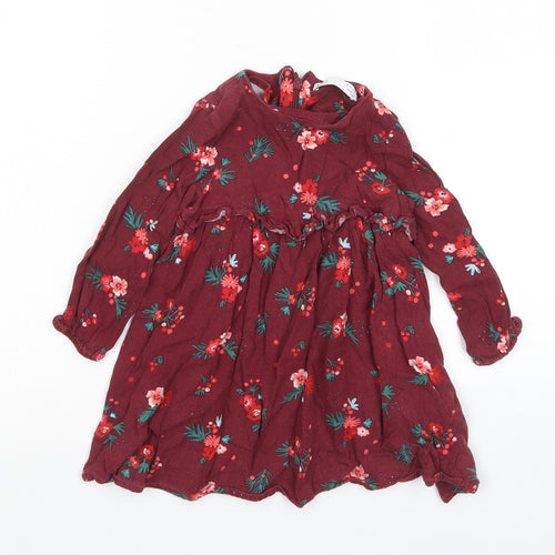Marks and Spencer Girls Red Floral Viscose A-Line Size 2-3 Years Crew Neck Zip - Frill