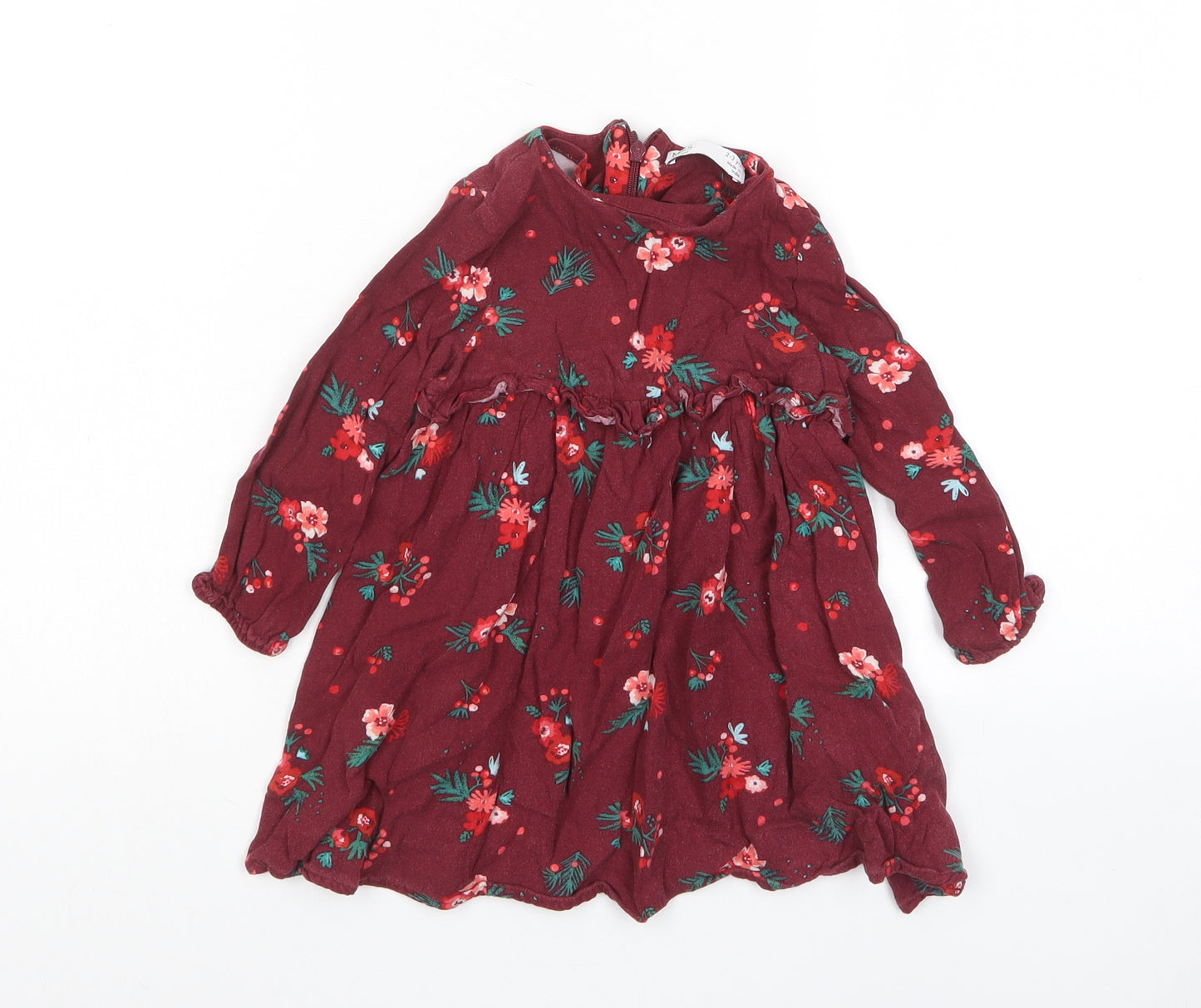Marks and Spencer Girls Red Floral Viscose A-Line Size 2-3 Years Crew Neck Zip - Frill