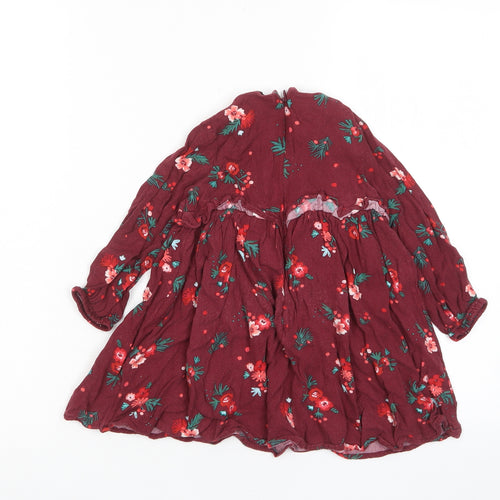 Marks and Spencer Girls Red Floral Viscose A-Line Size 2-3 Years Crew Neck Zip - Frill