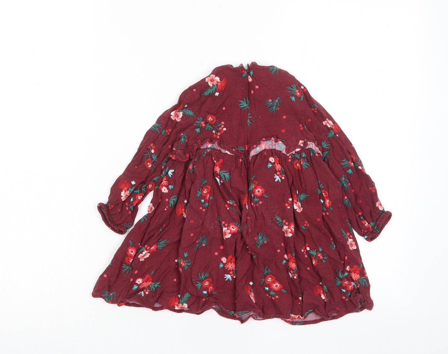Marks and Spencer Girls Red Floral Viscose A-Line Size 2-3 Years Crew Neck Zip - Frill