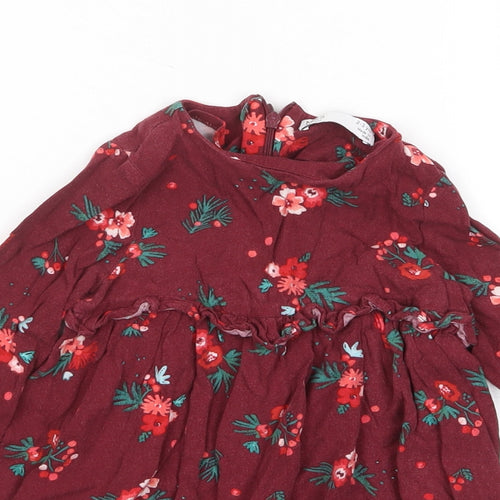 Marks and Spencer Girls Red Floral Viscose A-Line Size 2-3 Years Crew Neck Zip - Frill
