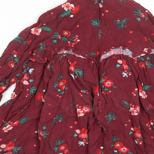 Marks and Spencer Girls Red Floral Viscose A-Line Size 2-3 Years Crew Neck Zip - Frill