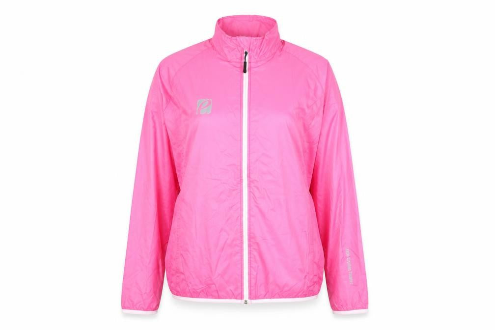 Front view of Elite Cycling Project women’s pink jacket, size L, zip - pockets