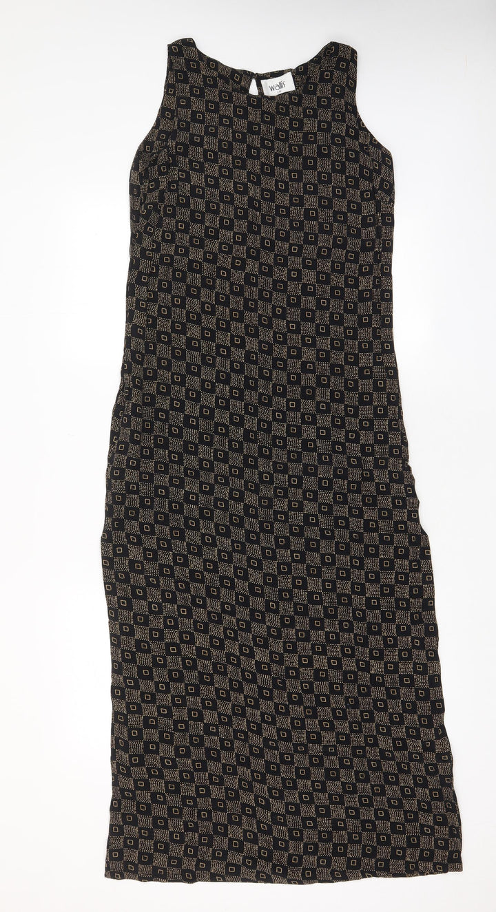 Wallis Womens Brown Geometric Viscose A-Line Size 10 Boat Neck Button - Side slit