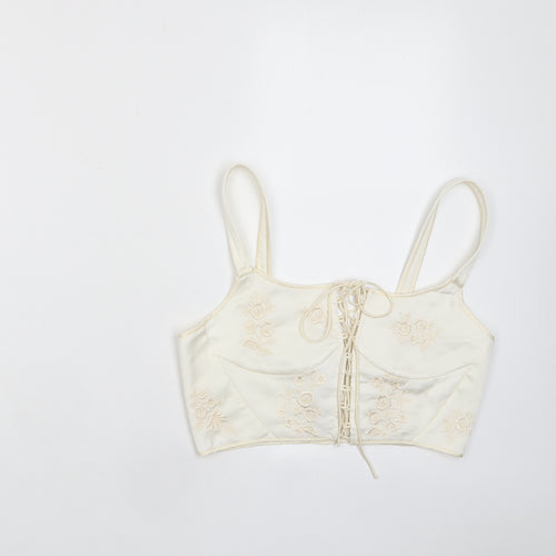 Zara Womens Ivory Polyester Cropped Tank Size S Scoop Neck - Embroidered
