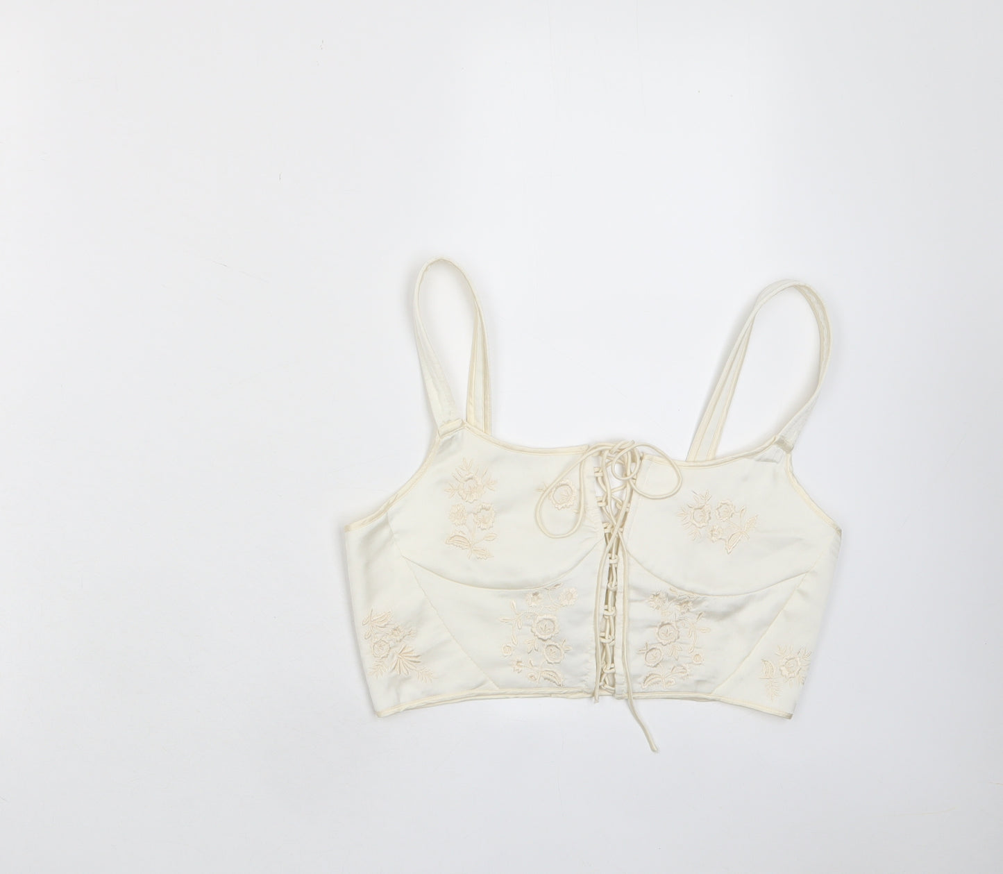 Zara Womens Ivory Polyester Cropped Tank Size S Scoop Neck - Embroidered