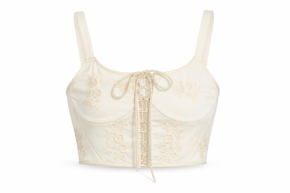 Front view of Zara women’s ivory polyester cropped tank, size S, scoop neck - embroidered