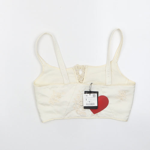 Zara Womens Ivory Polyester Cropped Tank Size S Scoop Neck - Embroidered