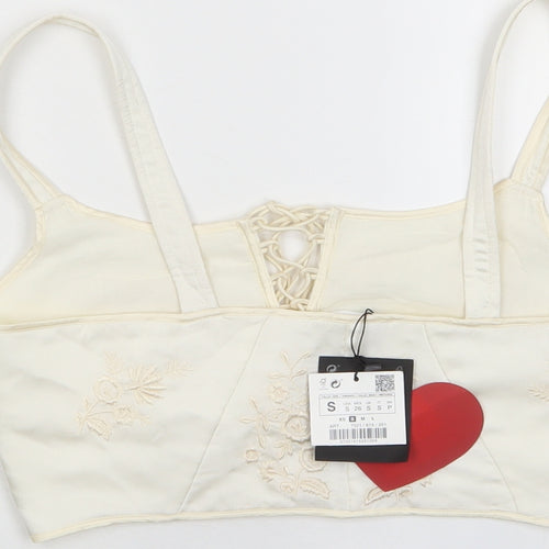 Zara Womens Ivory Polyester Cropped Tank Size S Scoop Neck - Embroidered