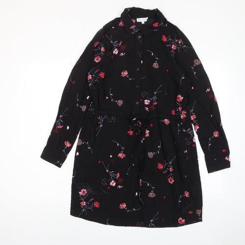 Warehouse Womens Black Floral Viscose A-Line Size 10 Collared Button - Belted