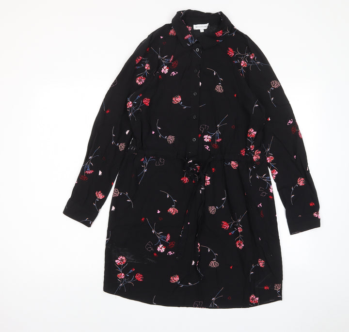 Warehouse Womens Black Floral Viscose A-Line Size 10 Collared Button - Belted