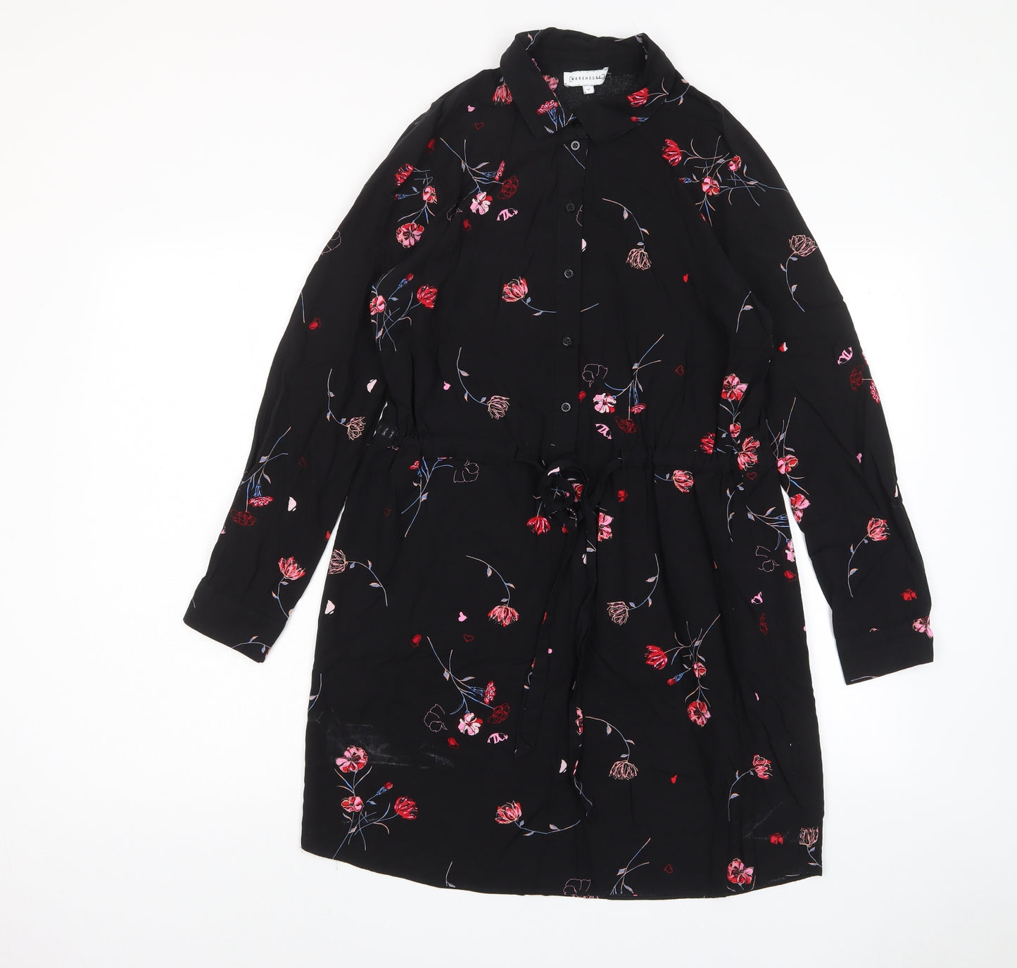 Warehouse Womens Black Floral Viscose A-Line Size 10 Collared Button - Belted