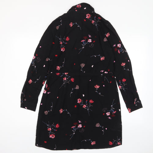 Warehouse Womens Black Floral Viscose A-Line Size 10 Collared Button - Belted